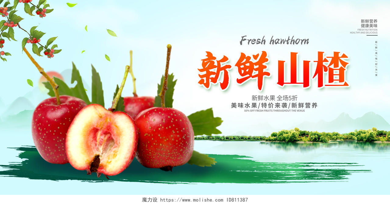 绿色时尚新鲜山楂水果宣传展板设计